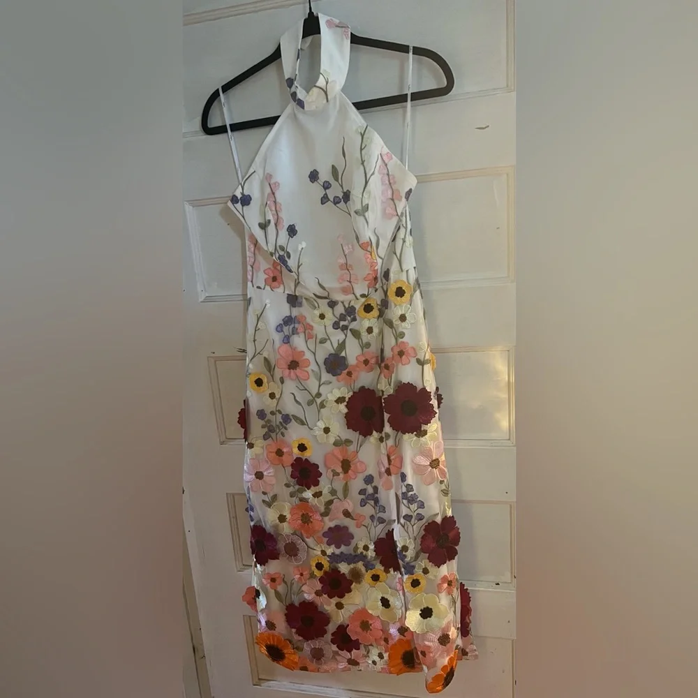 Lulu's Unique Impression Ivory 3D Floral Embroidered Halter Midi Dress - Picture 4 of 11